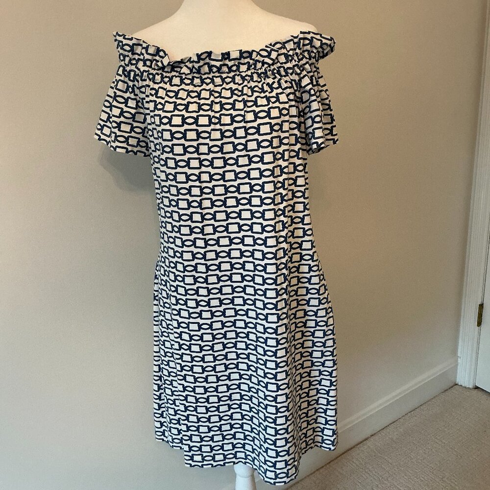 Sailor Sailor White w/Navy Rope Chain Design Off the Shoulder Dress Size Medium